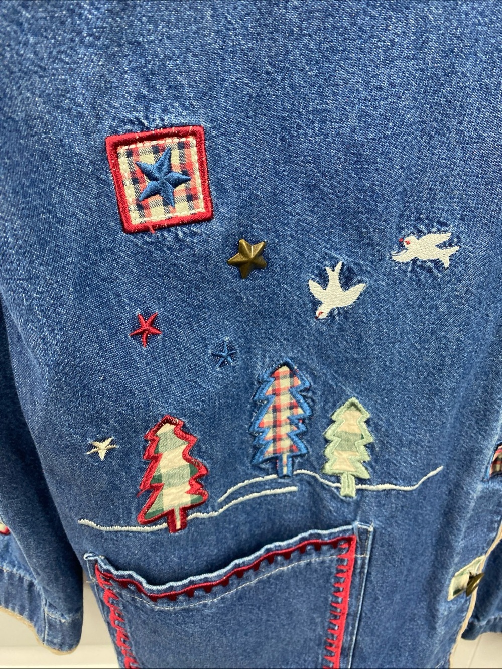 Vintage Denim Embroidered Jacket Camping Button Blue Cottagecore Gorpcore Large - Picture 4 of 10